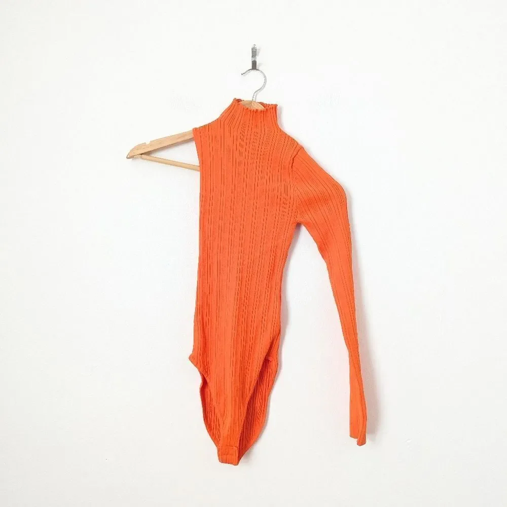 NWOT Zara orange ribbed mockneck one sleeve asymmetrical bodycon bodysuit top - Picture 2 of 7